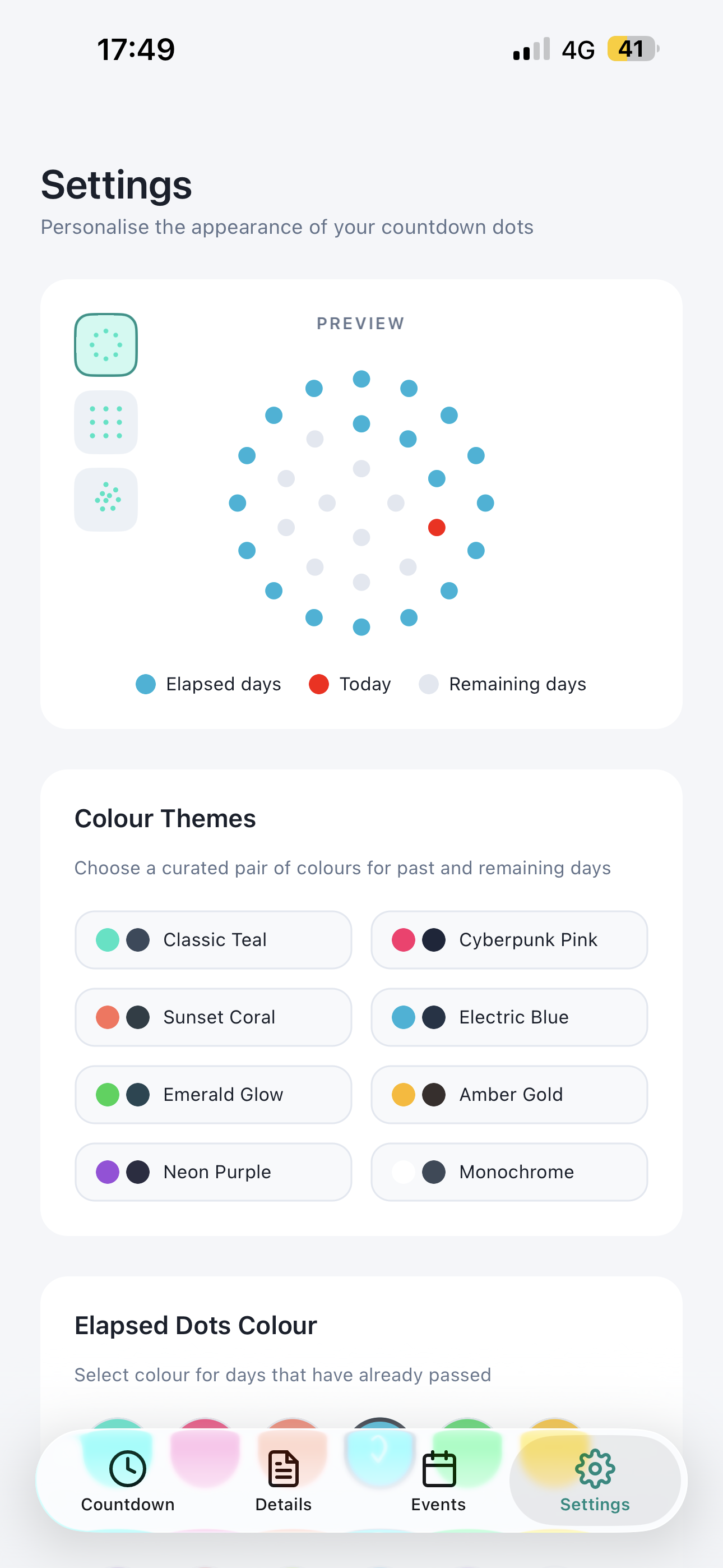 Countdown Dots settings screen
